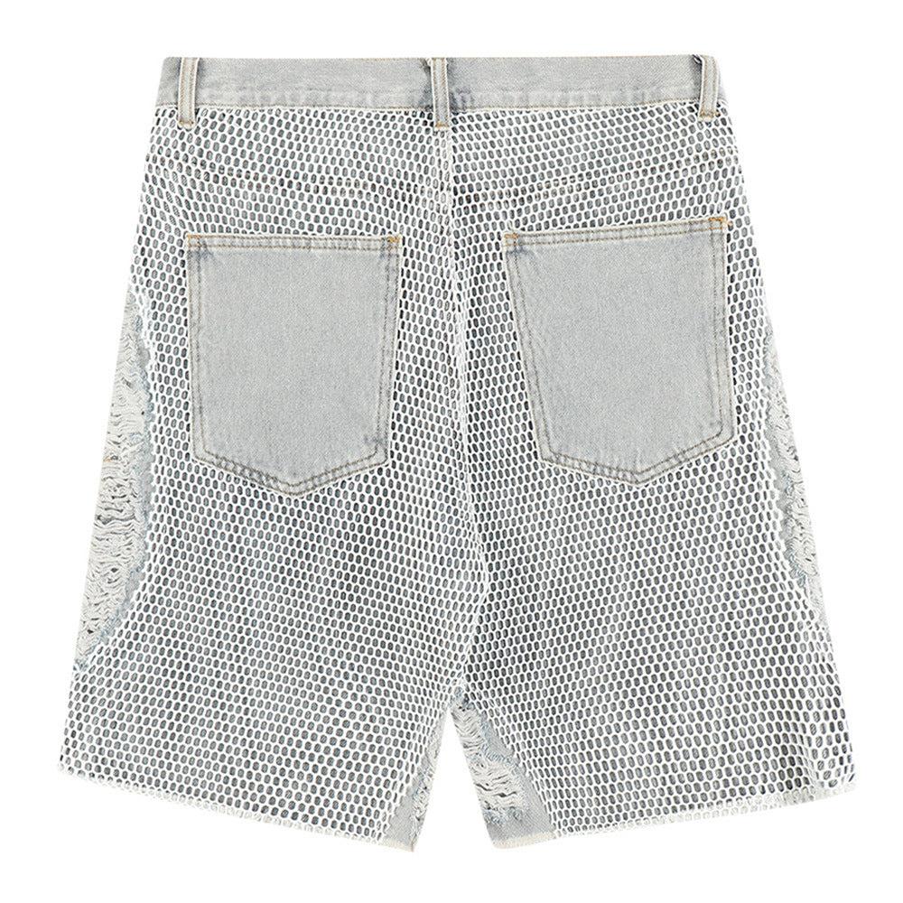 Mesh-Overlay Distressed Denim Shorts