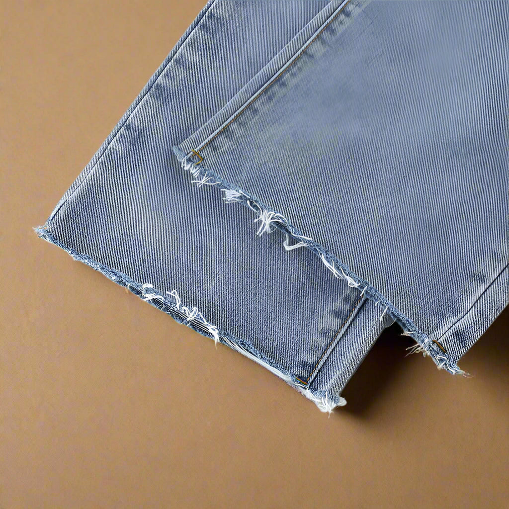 Fringed Hem Vintage Blue Drawstring Jeans - RUN THE STREETS COLLABORATIVE