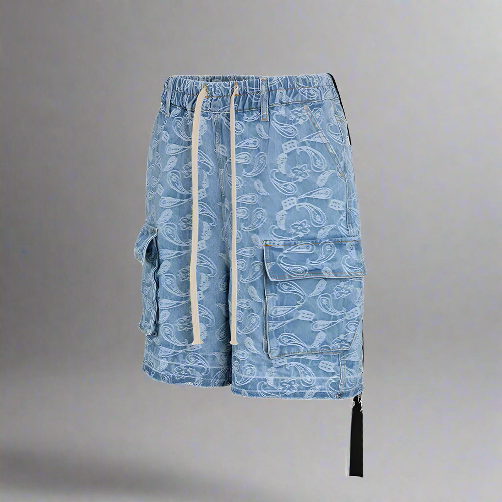 Cargo Pockets Jacquard Paisley Denim Shorts - RUN THE STREETS COLLABORATIVE