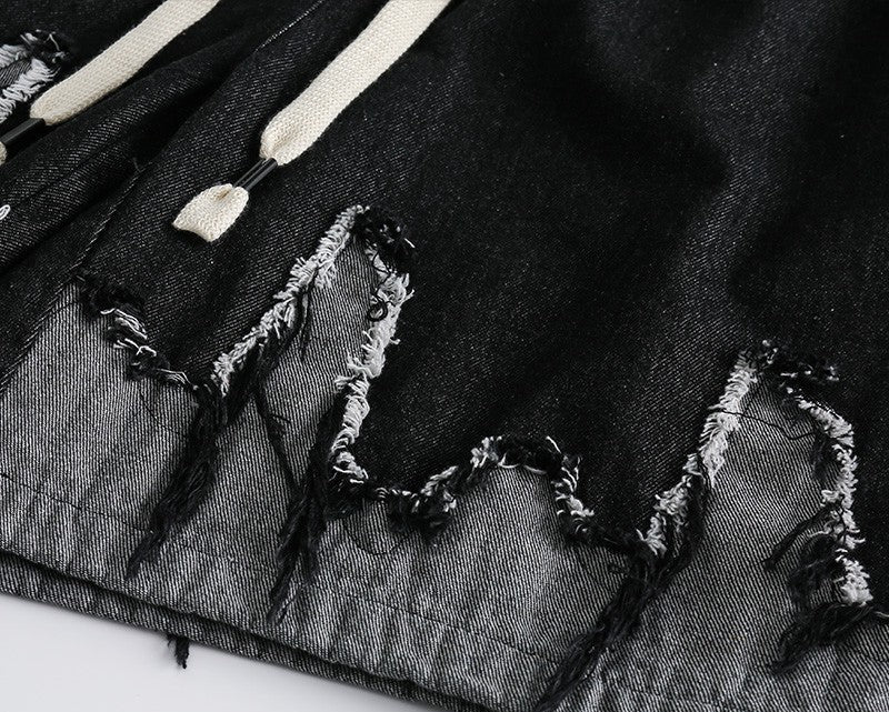 Distressed Edge Gray-Black Denim Shorts - RUN THE STREETS COLLABORATIVE