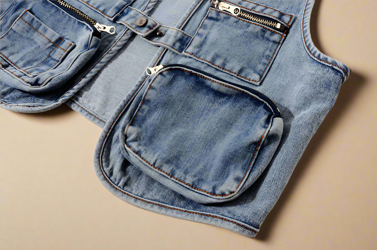 Utility Multi-Pocket Denim Vest - RUN THE STREETS COLLABORATIVE