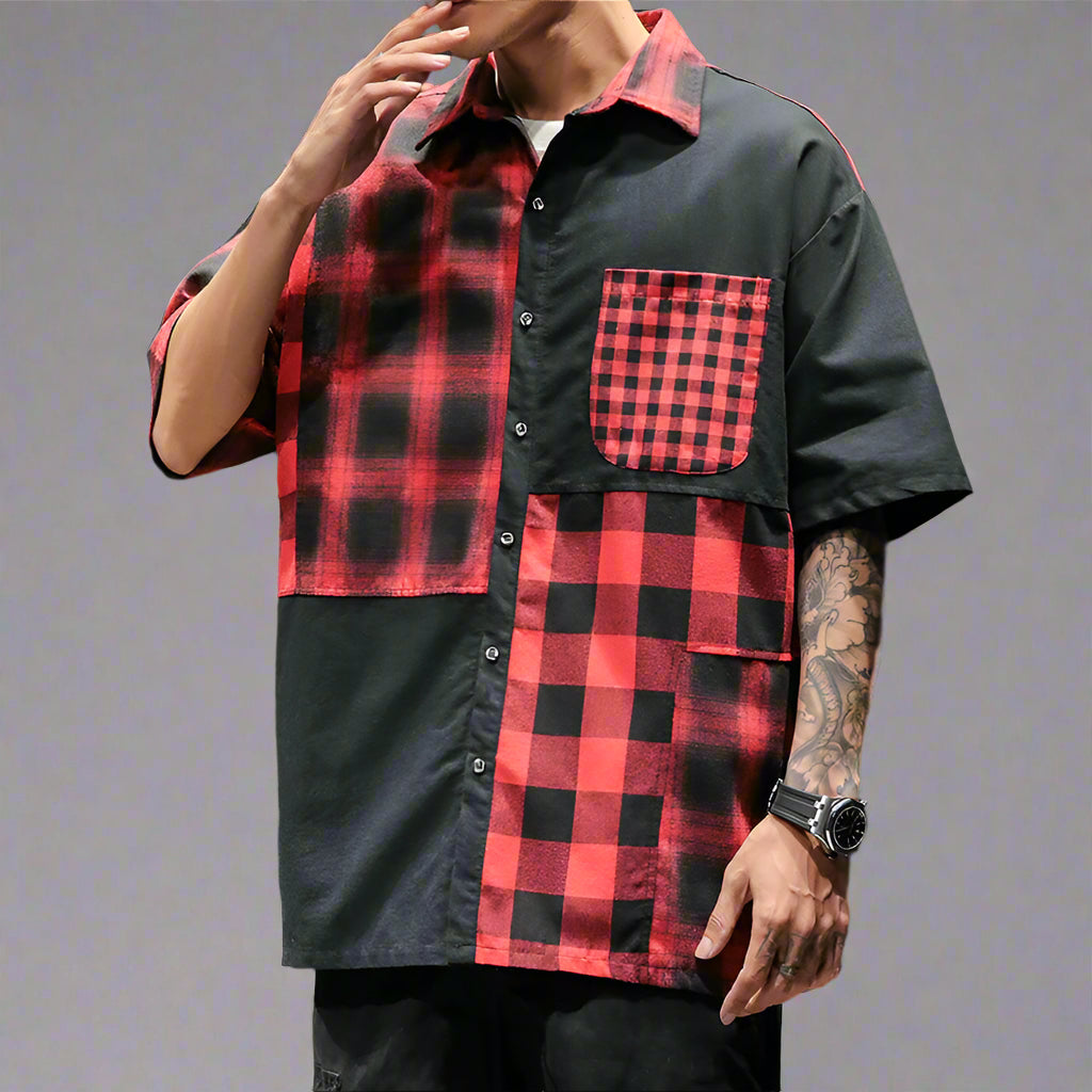 Plaid Shirt Loose Contrast Color Asymmetric Shirt - RUN THE STREETS COLLABORATIVE