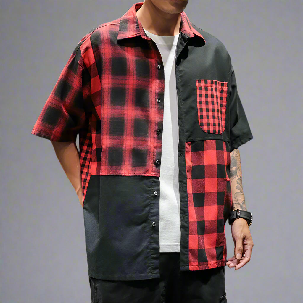 Plaid Shirt Loose Contrast Color Asymmetric Shirt - RUN THE STREETS COLLABORATIVE
