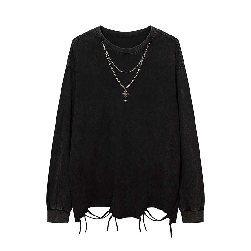 Distressed Hem Chain-Detail Long-Sleeve Tee