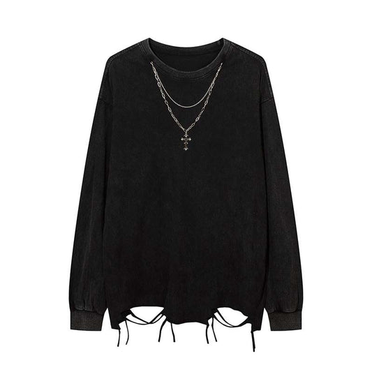 Distressed Hem Chain-Detail Long-Sleeve Tee