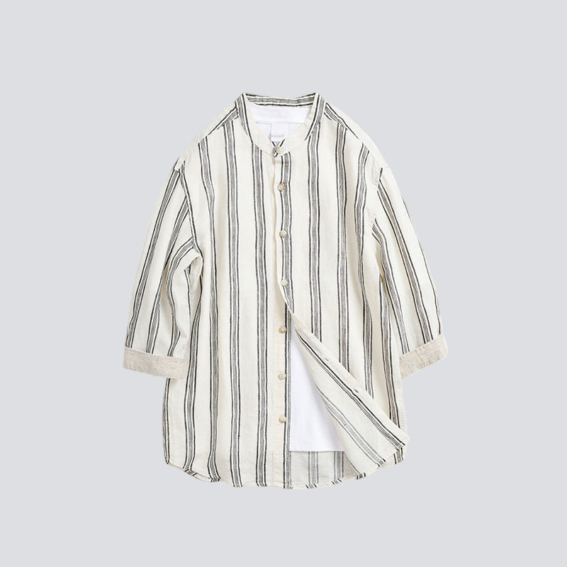 Striped Band-Collar Shirt (3/4 Sleeve)