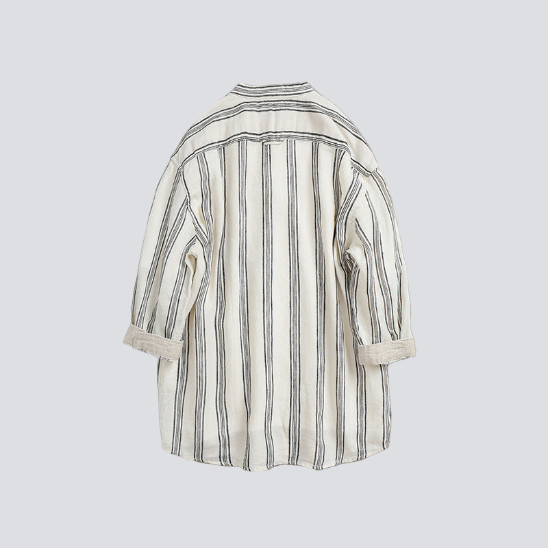 Striped Band-Collar Shirt (3/4 Sleeve)