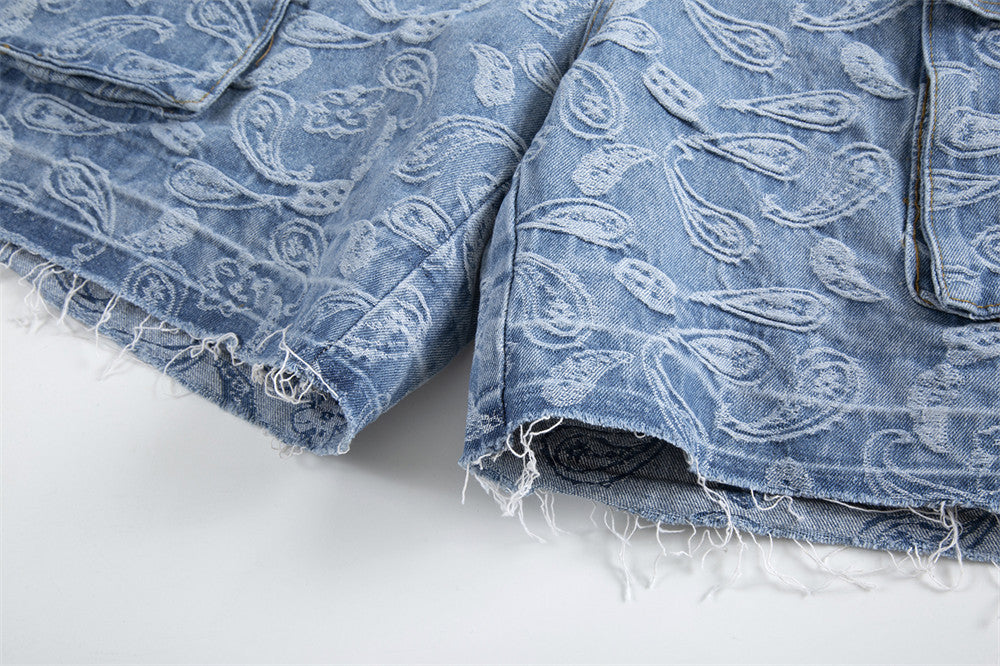 Cargo Pockets Jacquard Paisley Denim Shorts - RUN THE STREETS COLLABORATIVE