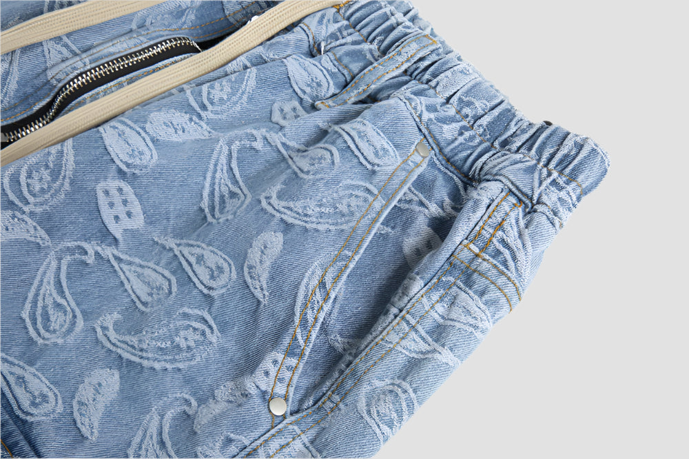 Cargo Pockets Jacquard Paisley Denim Shorts - RUN THE STREETS COLLABORATIVE