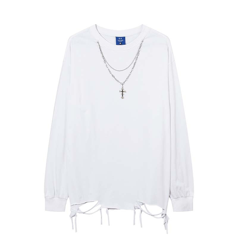 Distressed Hem Chain-Detail Long-Sleeve Tee
