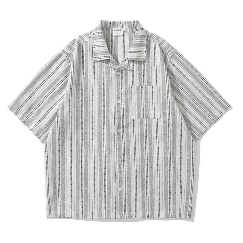 Striped Linen Blend Open Collar Shirt