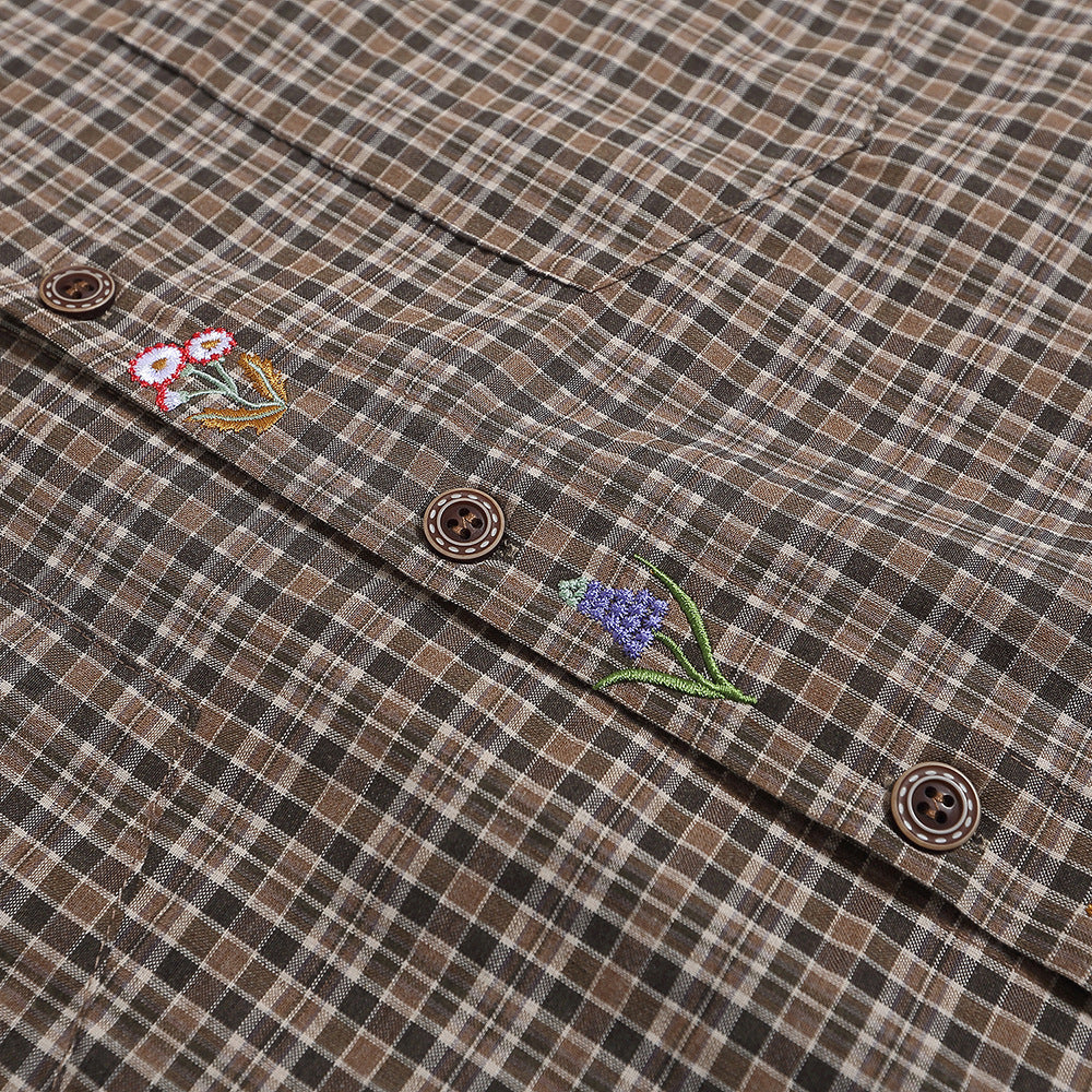 Denim Collar Plaid Short-Sleeve Shirt