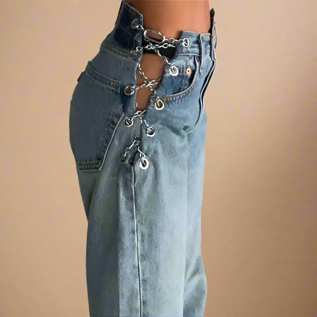 Fringed Hem Vintage Blue Drawstring Jeans - RUN THE STREETS COLLABORATIVE