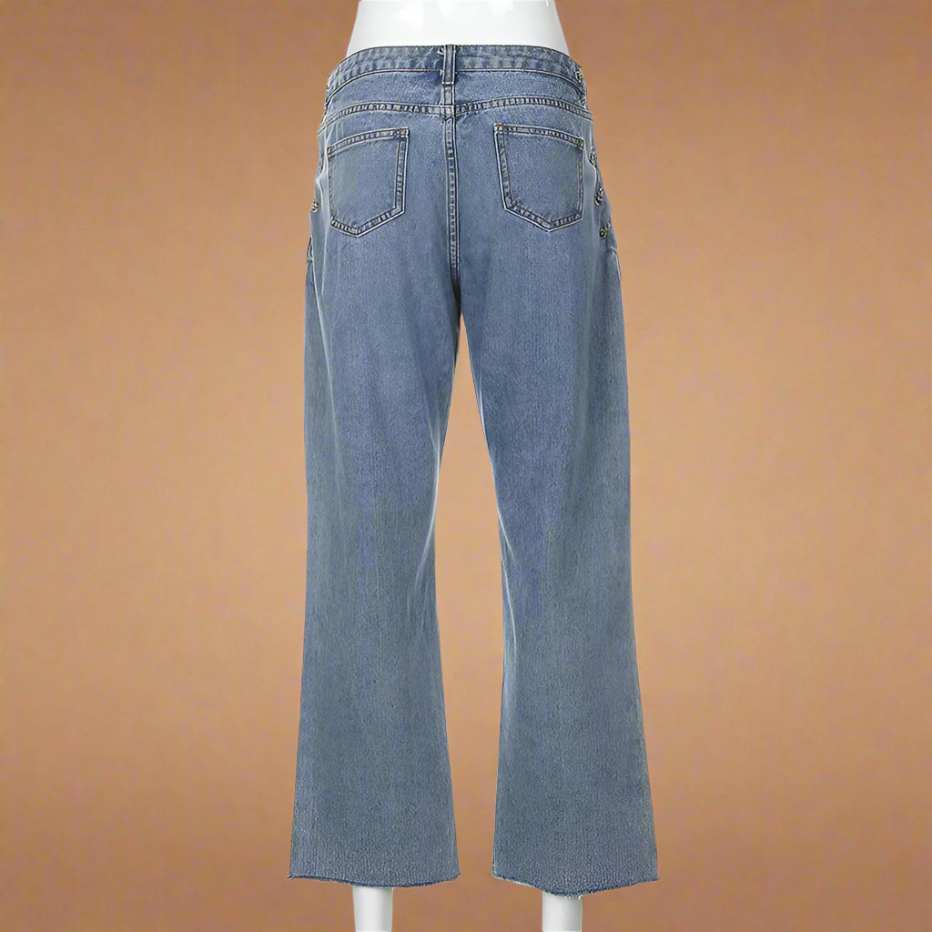 Fringed Hem Vintage Blue Drawstring Jeans - RUN THE STREETS COLLABORATIVE