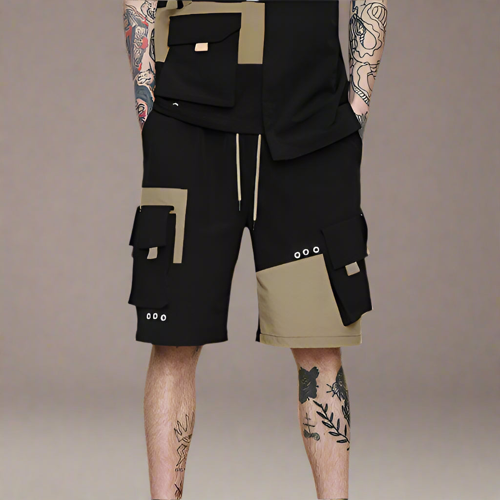 Camel Black Contrast Cargo Shorts - RUN THE STREETS COLLABORATIVE