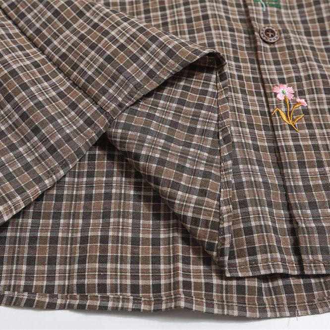 Denim Collar Plaid Short-Sleeve Shirt