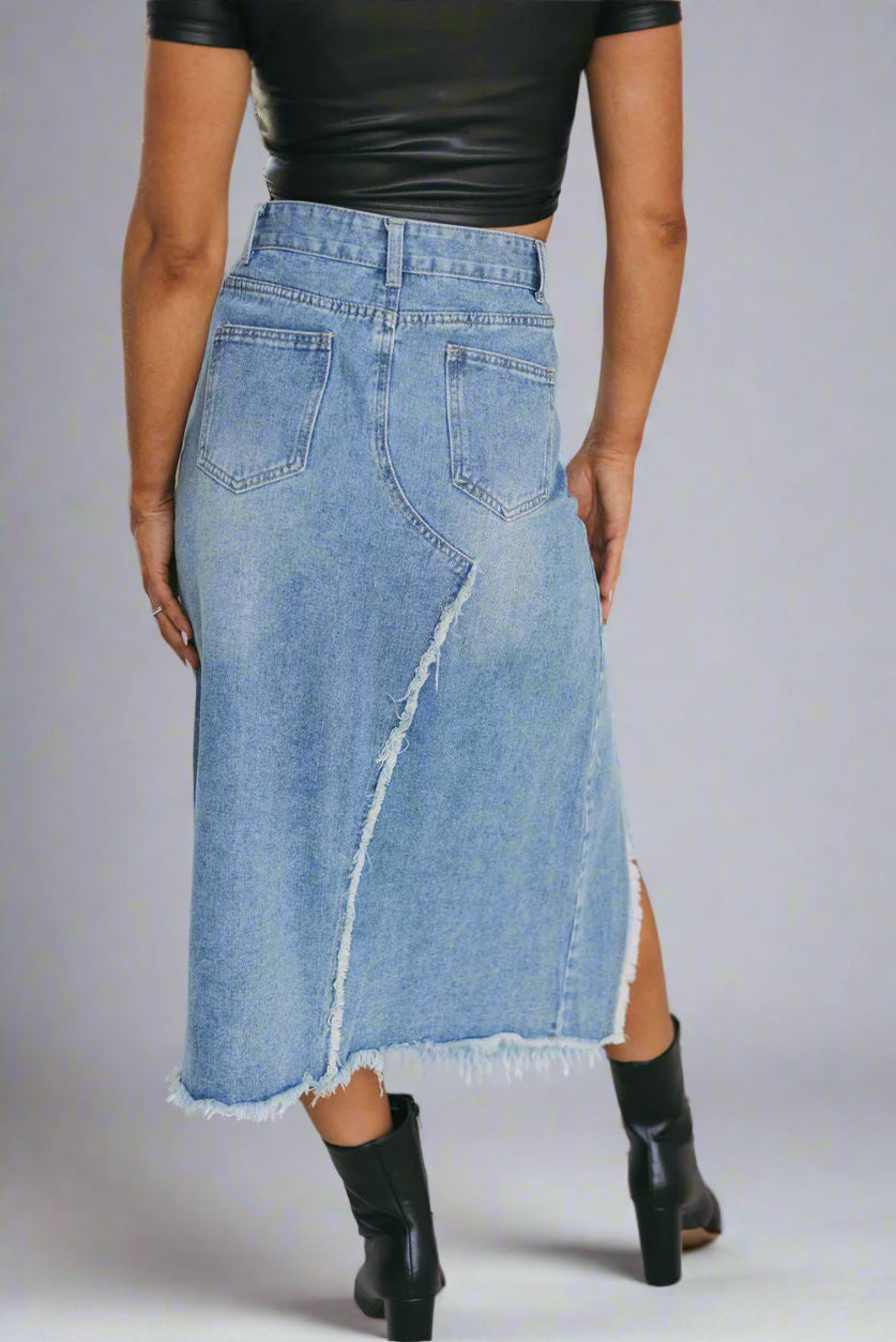 Cheyenne Frayed Slit Asymmetric Denim Midi Skirt - RUN THE STREETS COLLABORATIVE