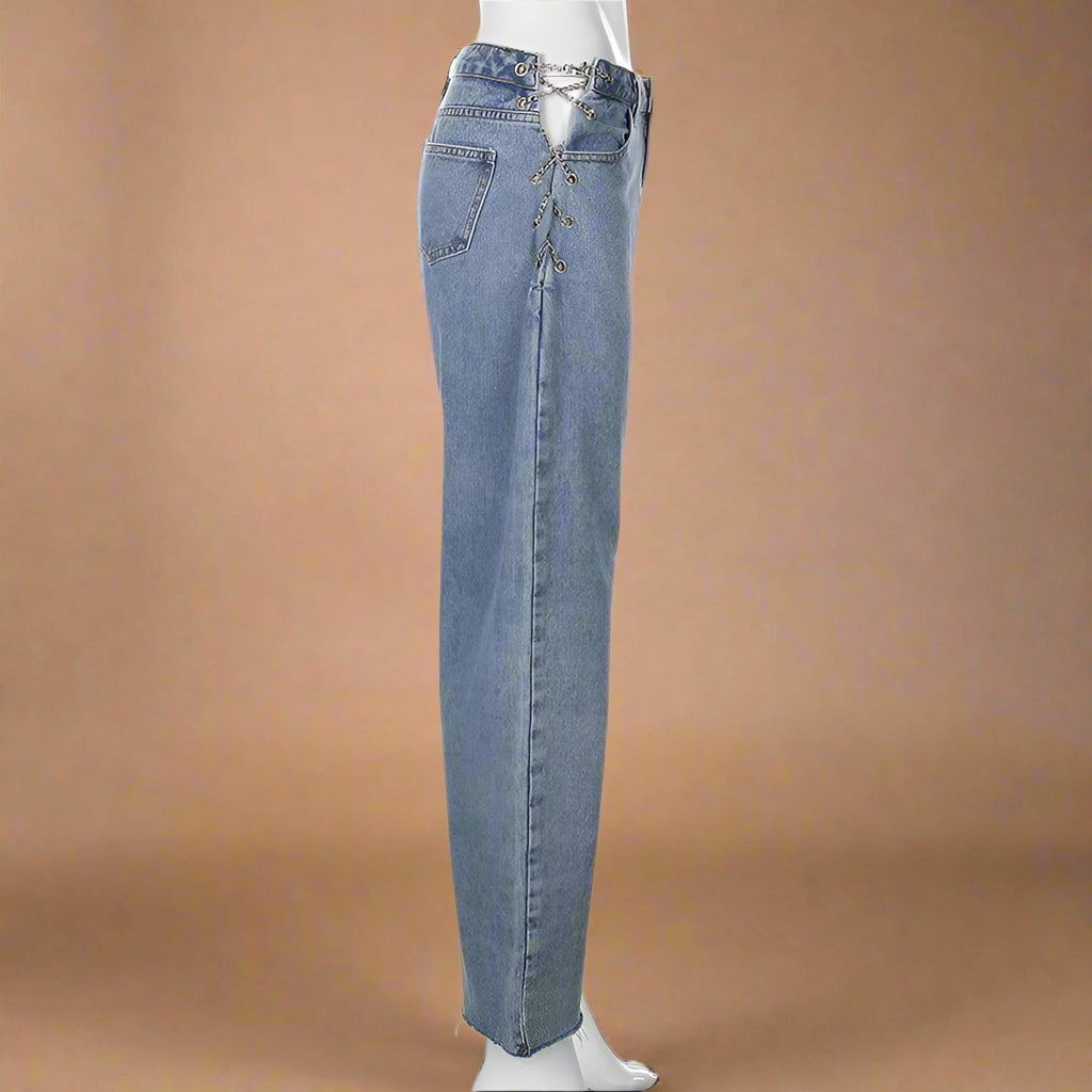 Fringed Hem Vintage Blue Drawstring Jeans - RUN THE STREETS COLLABORATIVE
