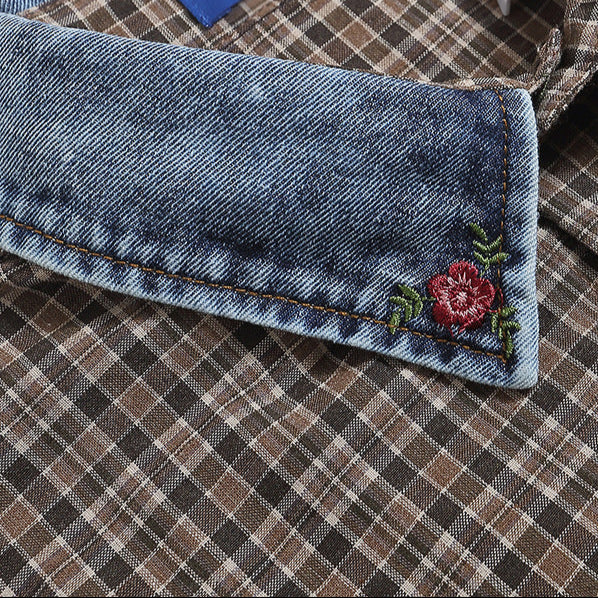 Denim Collar Plaid Short-Sleeve Shirt