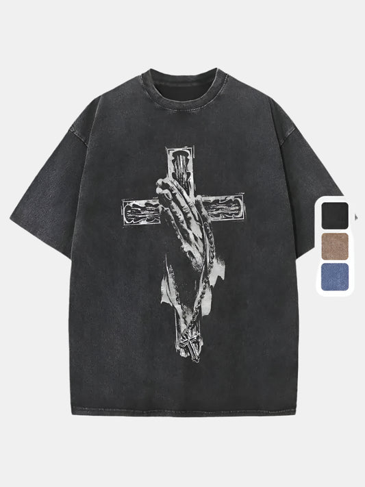 Cross & Praying Hands Vintage Tee - RUN THE STREETS COLLABORATIVE