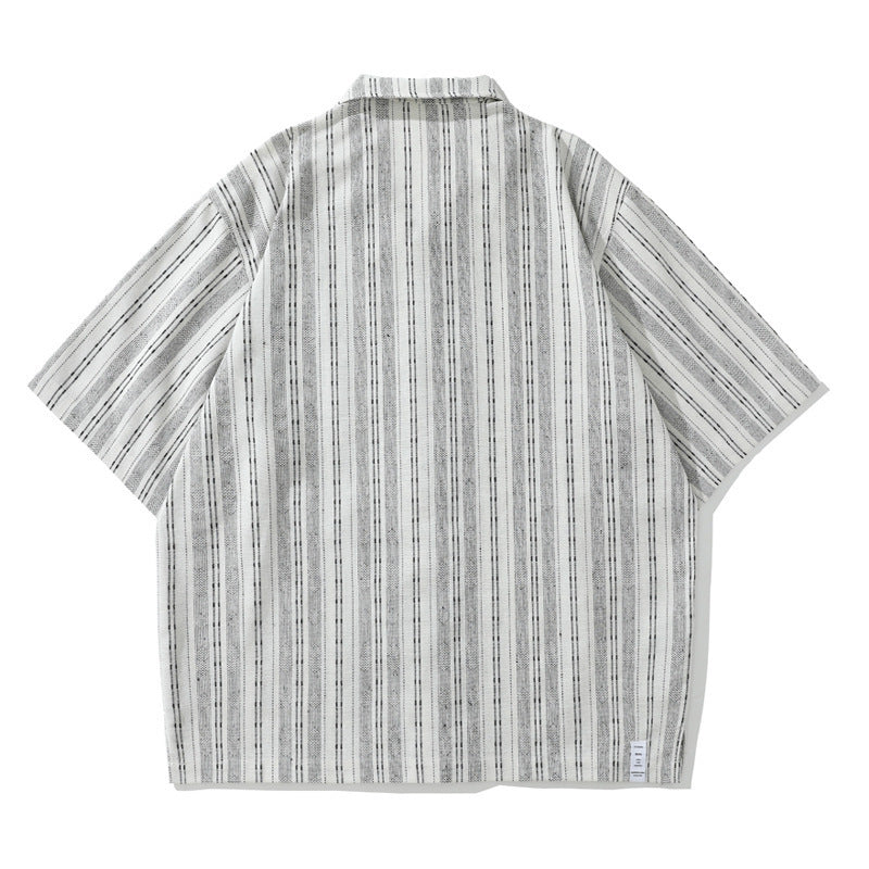 Striped Linen Blend Open Collar Shirt