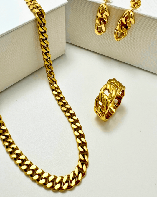 Gold Cable Chain Necklace Earrings Ring Bundle Set - RUN THE STREETS COLLABORATIVE