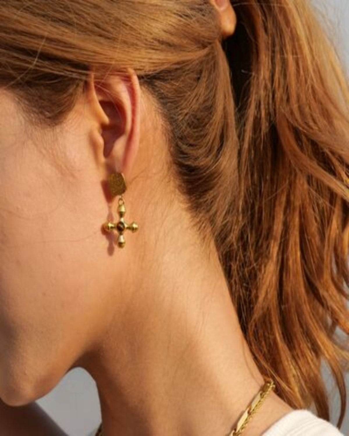 Gold Drop Earrings with Cross - RUN THE STREETS COLLABORATIVE