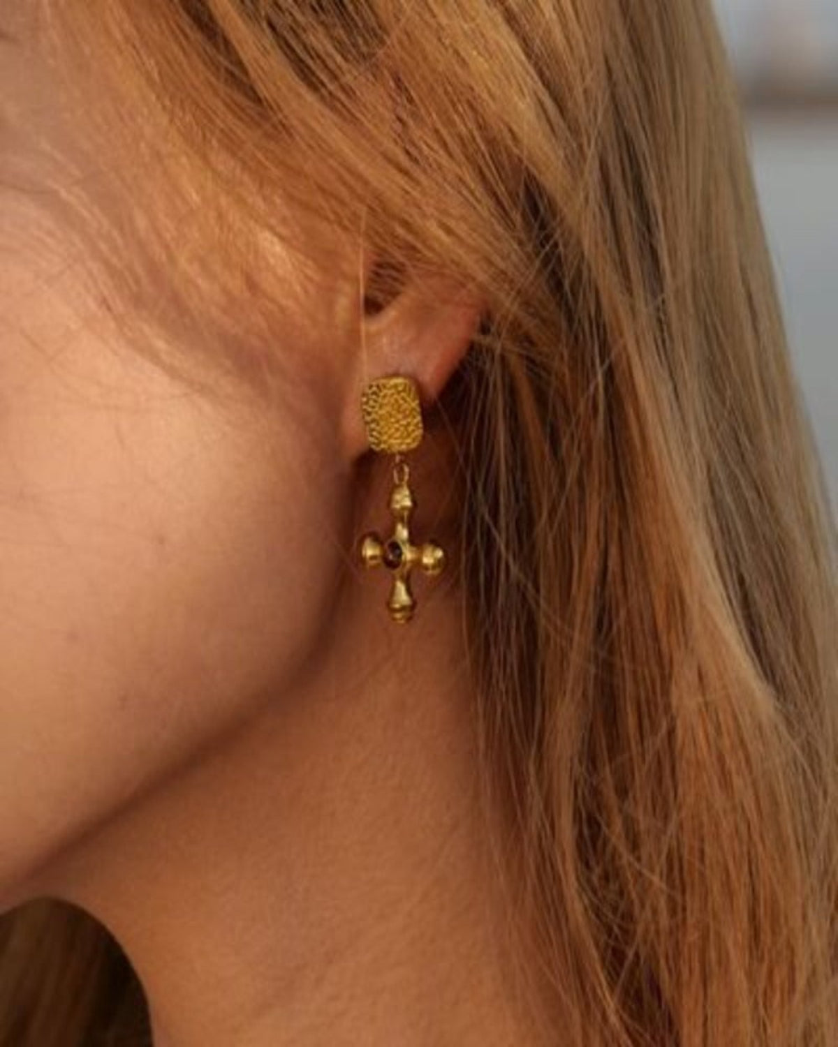Gold Drop Earrings with Cross - RUN THE STREETS COLLABORATIVE