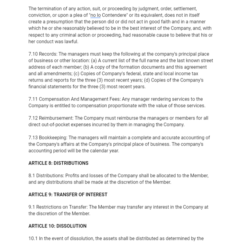 Single Member LLC Operating Agreement (Member Managed) - RTS Collaborative