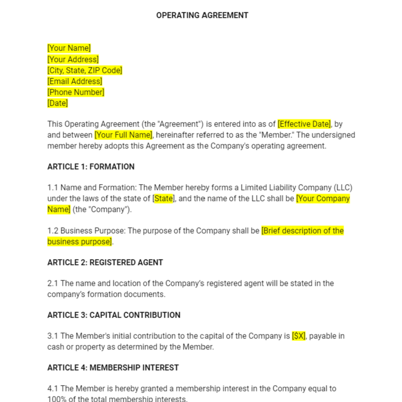 Single Member LLC Operating Agreement (Member Managed) - RTS Collaborative