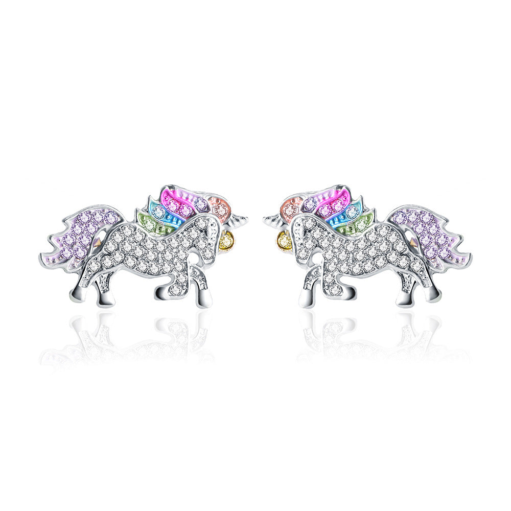 18k White Gold Multi-Colored Unicorn Stud Earrings - RUN THE STREETS COLLABORATIVE