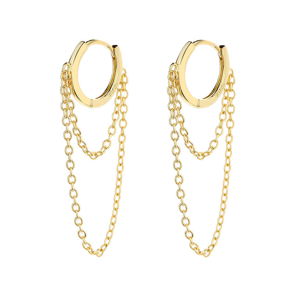 14k Gold Plated Huggie Hoop Double Chain Earring - RUN THE STREETS COLLABORATIVE