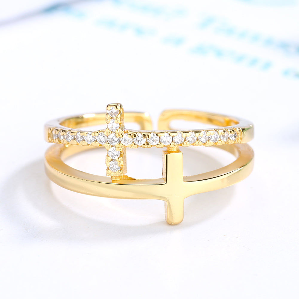 18k White Gold, Yellow Gold. and Rose Gold Sideways Cross Ring with Crystals - RUN THE STREETS COLLABORATIVE