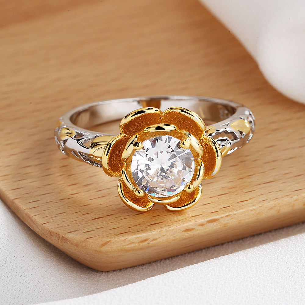 14K Gold over Sterling Silver Floral Ring with crystals from Swarovski - RUN THE STREETS COLLABORATIVE