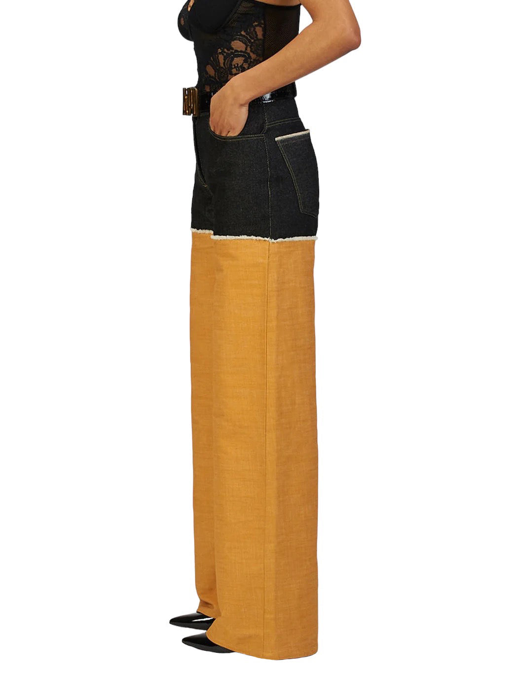 Wide Leg Pant in Black and Yellow Denim - RUN THE STREETS COLLABORATIVE