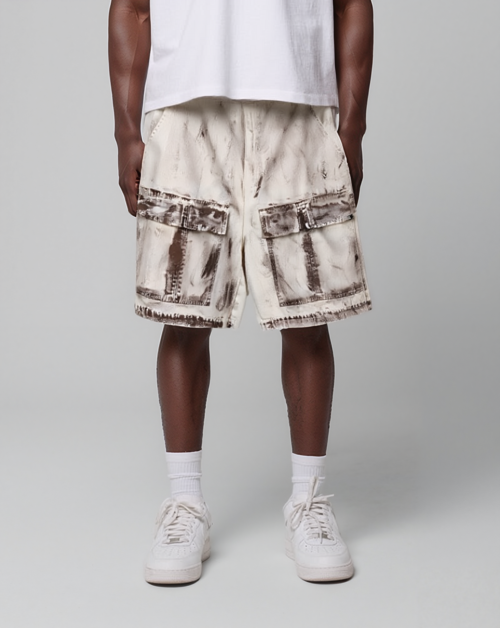 Distressed Dirty Denim Cargo Pocket Shorts - RUN THE STREETS COLLABORATIVE