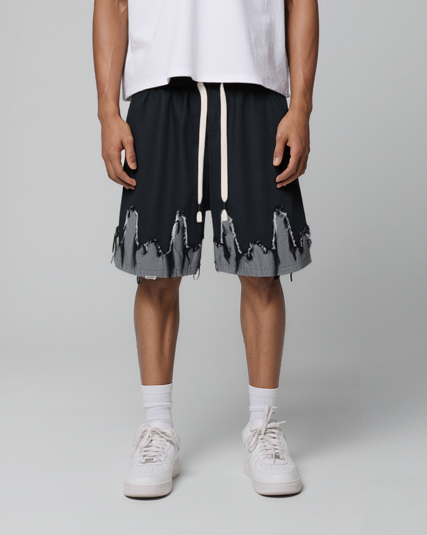 Distressed Edge Gray-Black Denim Shorts - RUN THE STREETS COLLABORATIVE