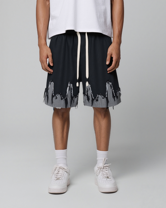 Distressed Edge Gray-Black Denim Shorts - RUN THE STREETS COLLABORATIVE