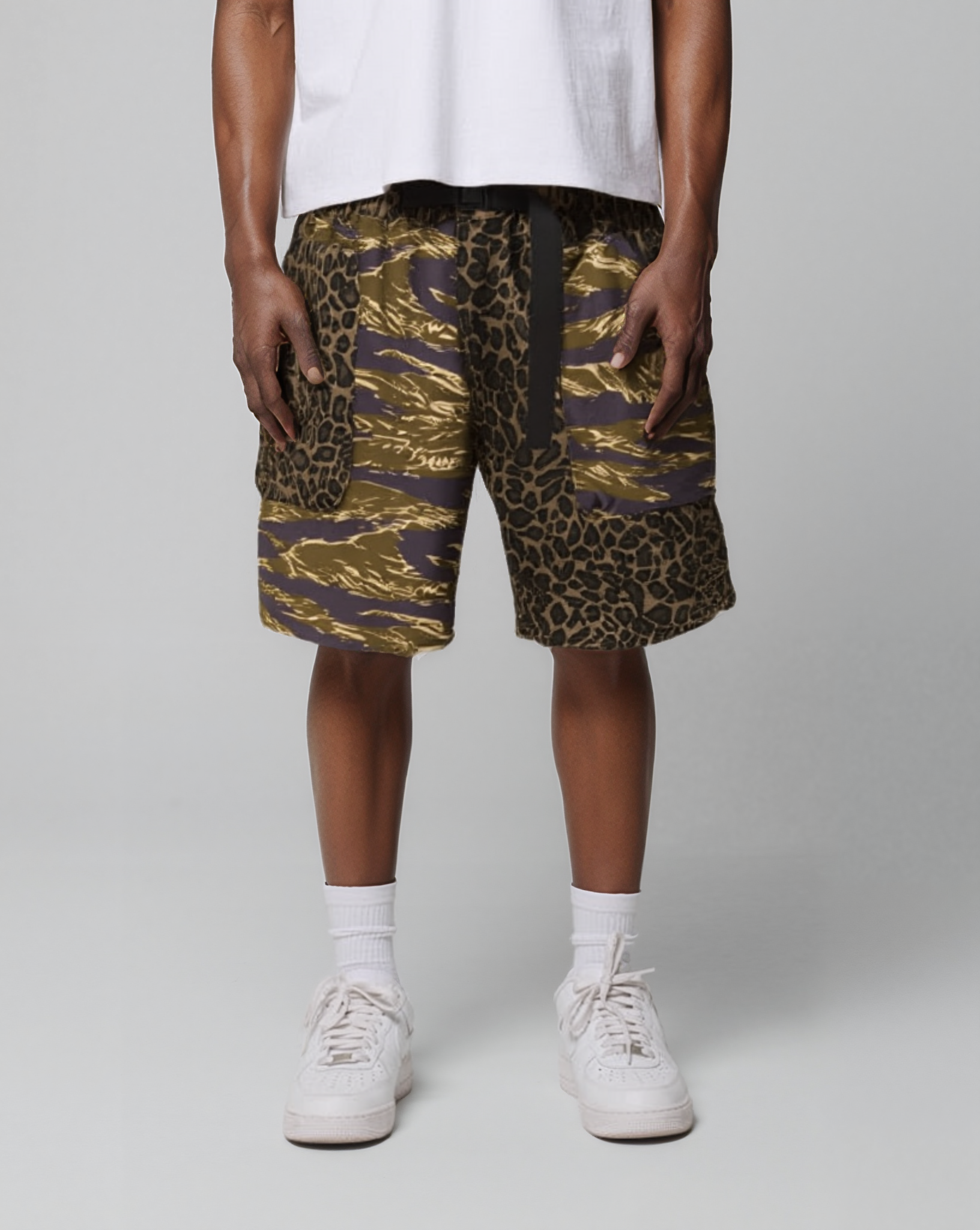 Camo Leopard Print Cargo Shorts - RUN THE STREETS COLLABORATIVE