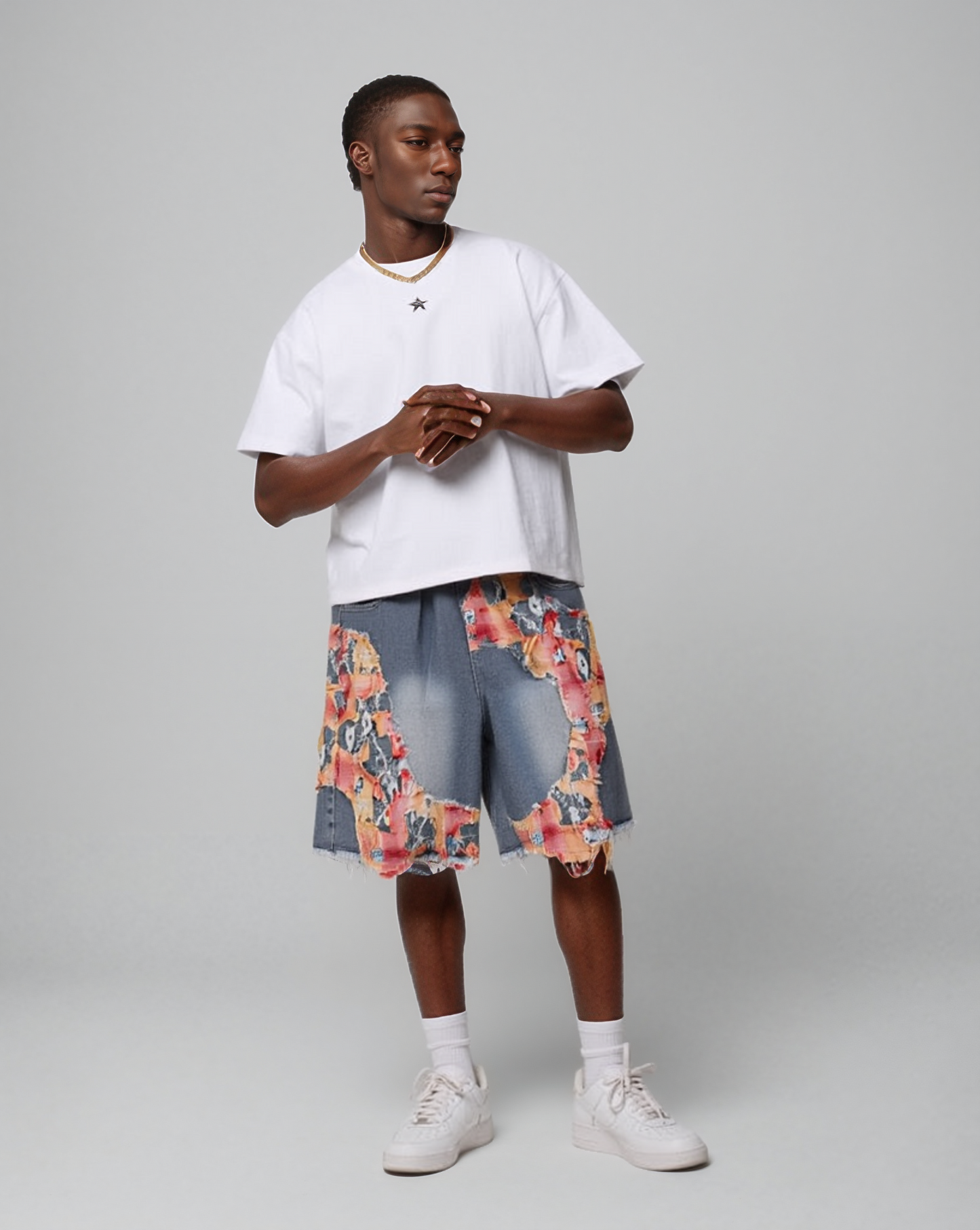 Patchwork Torn Lace Washed Denim Shorts - RUN THE STREETS COLLABORATIVE