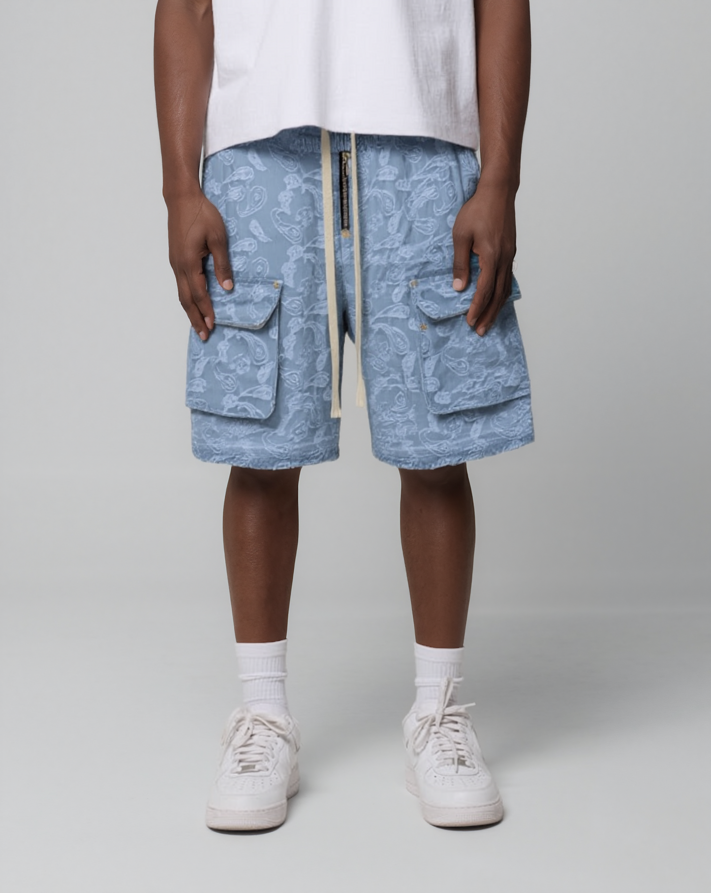 Cargo Pockets Jacquard Paisley Denim Shorts - RUN THE STREETS COLLABORATIVE