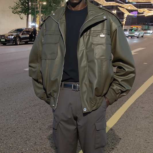Faux Leather Utility Bomber Jacket