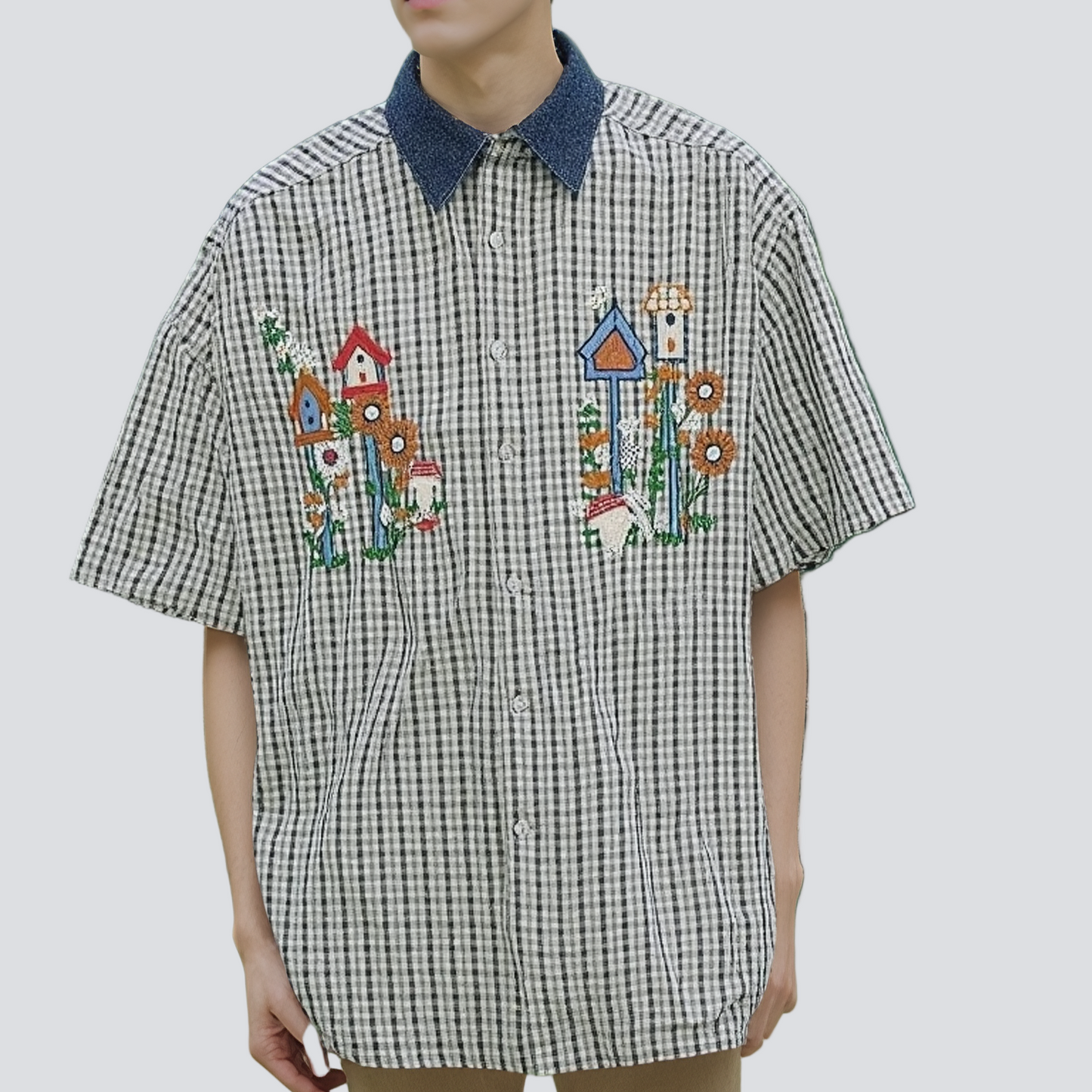 Embroidered Birdhouse Short-Sleeve Shirt