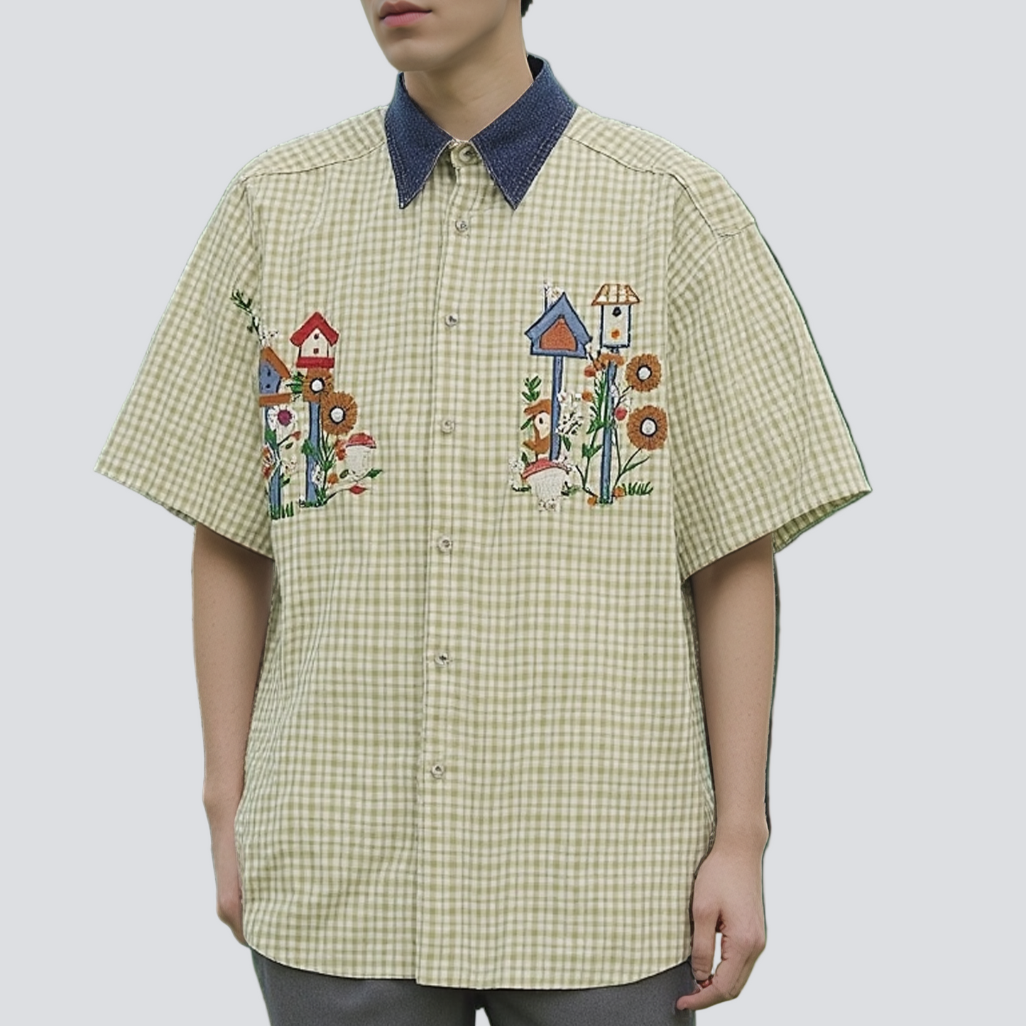 Embroidered Birdhouse Short-Sleeve Shirt