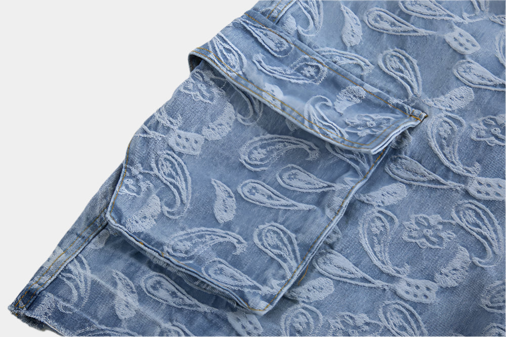 Cargo Pockets Jacquard Paisley Denim Shorts - RUN THE STREETS COLLABORATIVE