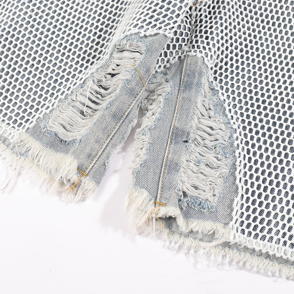 Mesh-Overlay Distressed Denim Shorts