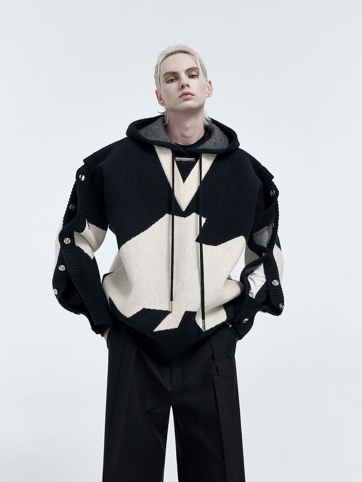 Abstract Snap-Detail Hooded Sweater