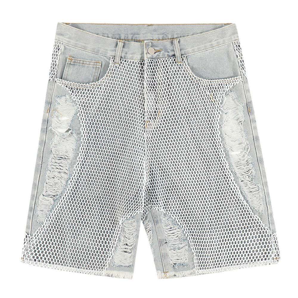 Mesh-Overlay Distressed Denim Shorts
