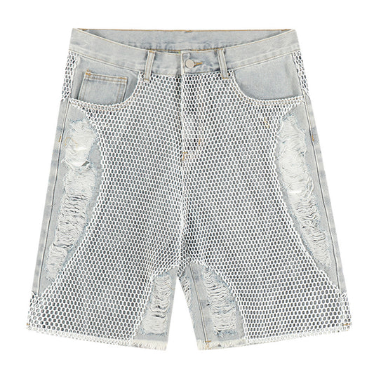 Mesh-Overlay Distressed Denim Shorts