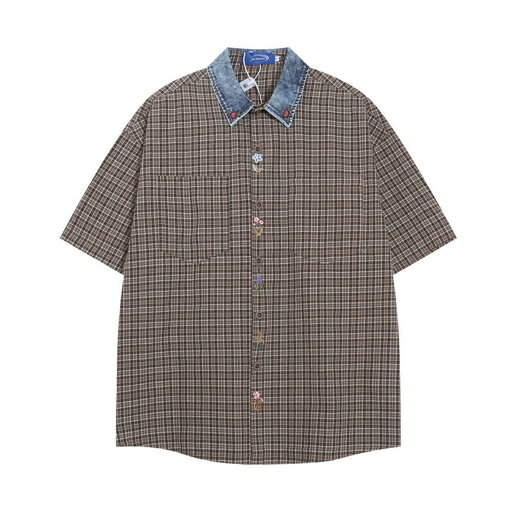 Denim Collar Plaid Short-Sleeve Shirt